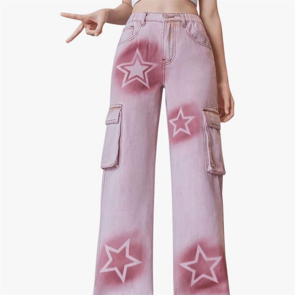 Floerns girls’ Pink Star Print Cargo Jeans Size M Y2K Streetwear